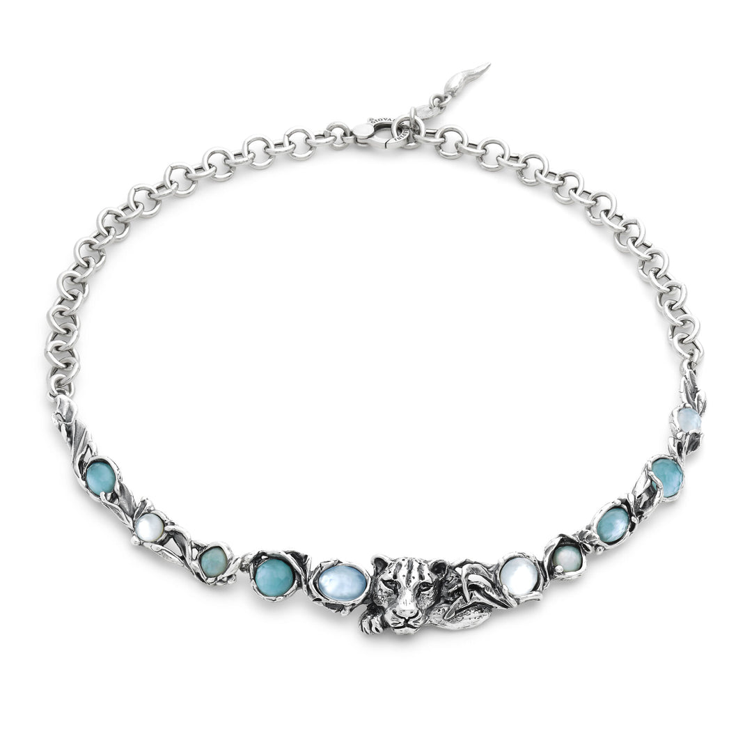Giovanni Raspini Blue Jaguar Necklace - Necklace in 925 silver, mother of pearl, rock crystal and quartz - 12680