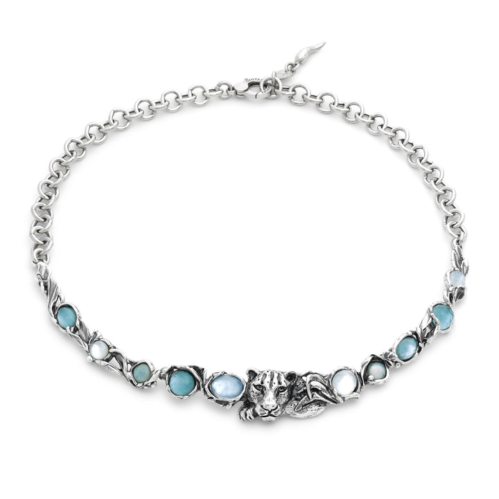 Giovanni Raspini Blue Jaguar Necklace - Necklace in 925 silver, mother of pearl, rock crystal and quartz - 12680