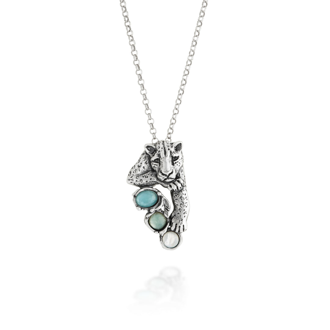 Giovanni Raspini Blue Jaguar Pendant - Necklace in 925 silver, mother of pearl, rock crystal and quartz - 12681