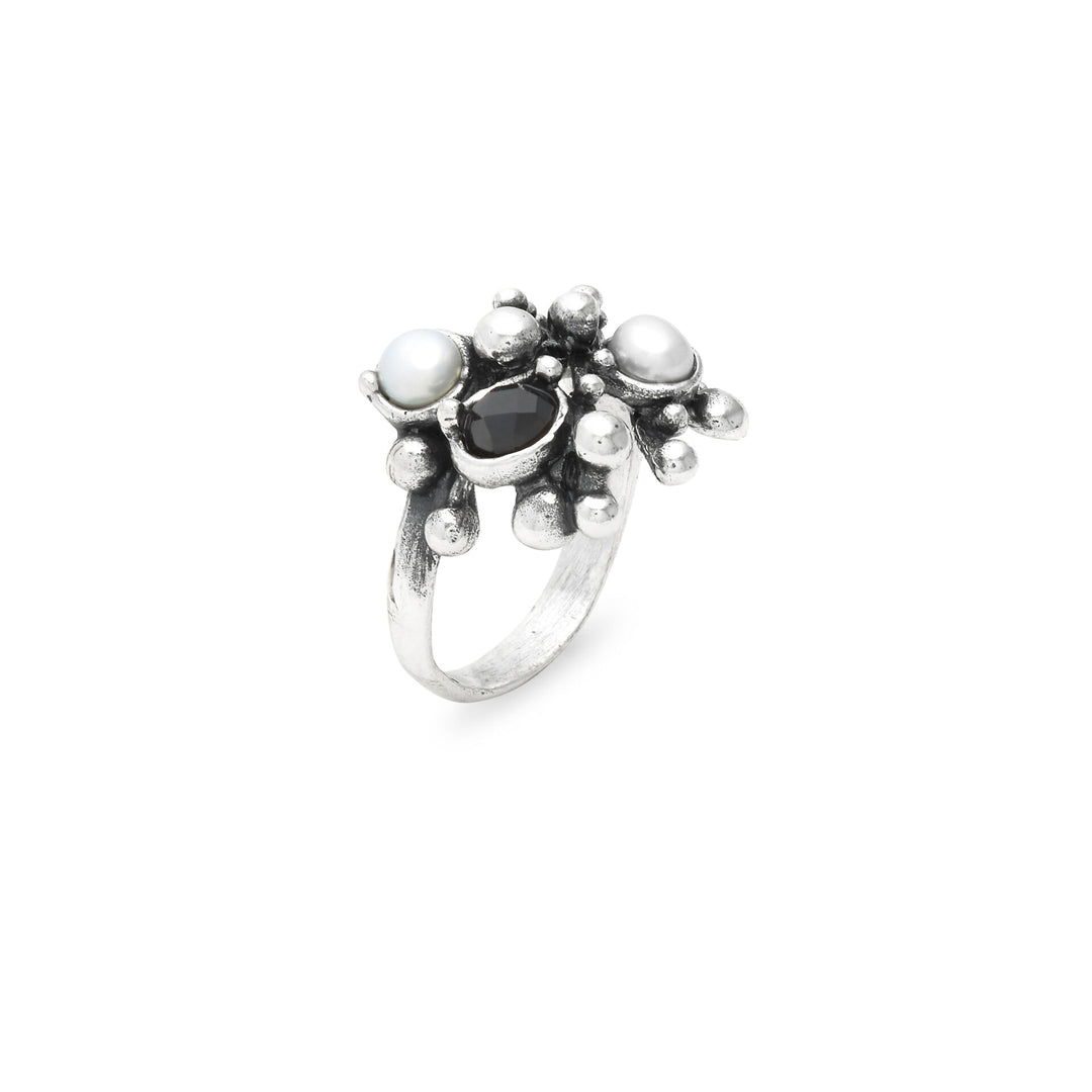 Giovanni Raspini Aura Ring - 925 Silver Ring, natural pearls and onyx - 12689