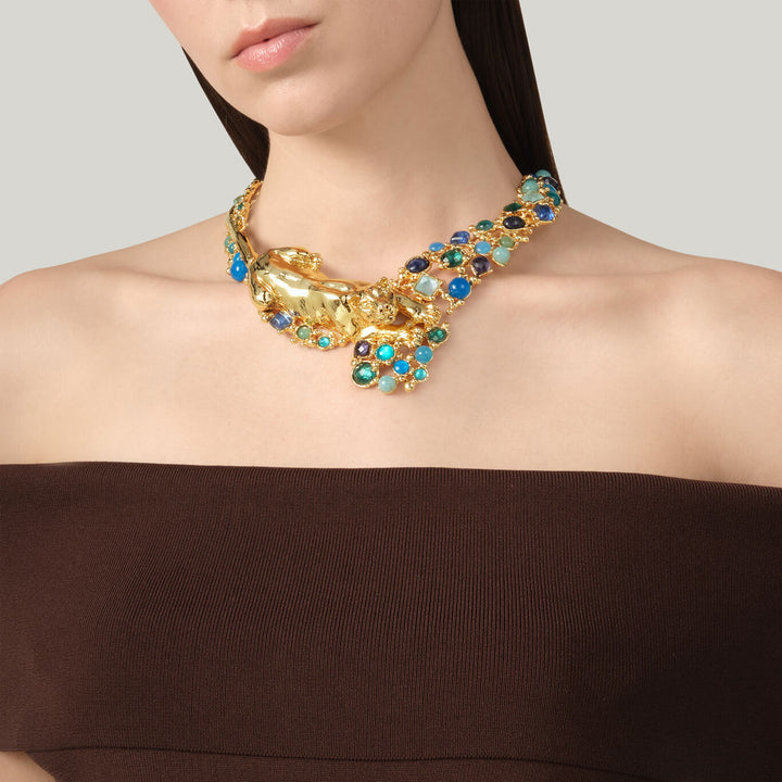 Giovanni Raspini panthère mirage bleu necklace 18 kt gold plated necklace, natural stones and gems N0032
