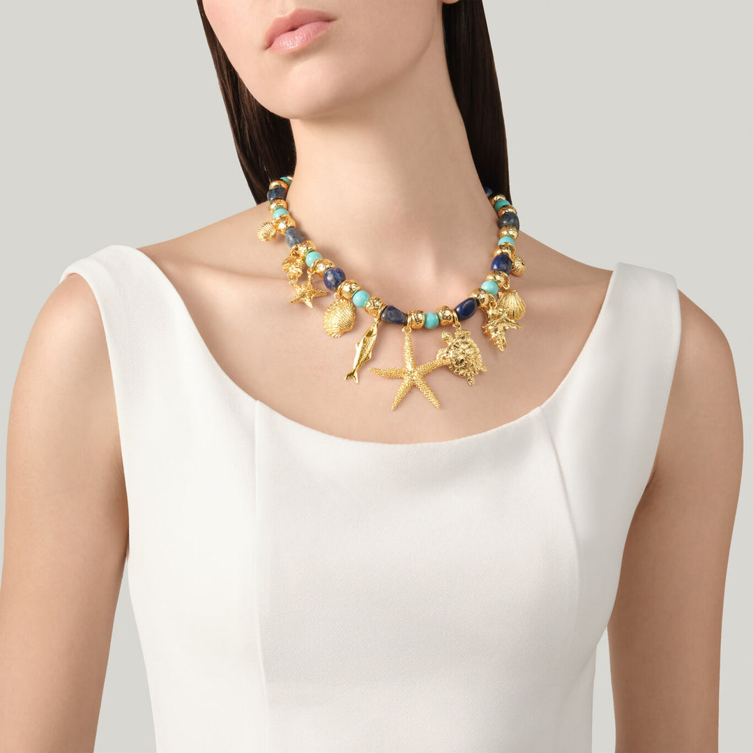 Giovanni Raspini grand bleu necklace 18 kt gold plated necklace with lapis lazuli and aulite N0070