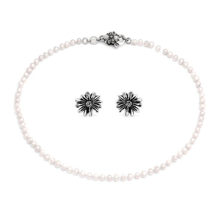 Giovanni Raspini set daisies Necklace and earrings in 925 silver and natural pearls X01609