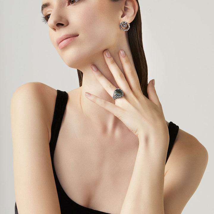 Giovanni Raspini set maui earrings and ring in 925 silver, mother of pearl and quartz X01612