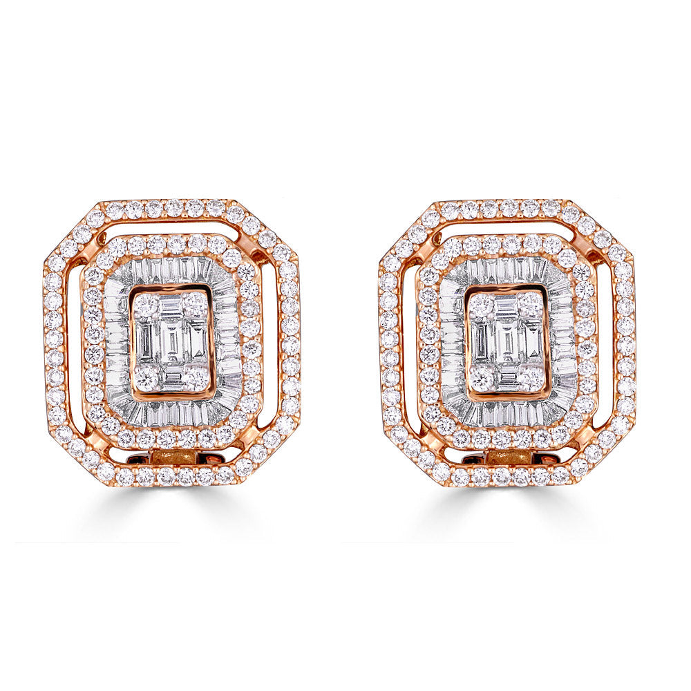 Zydo octagonal earrings with round cut diamonds and emerald set in rose gold illusion 50759