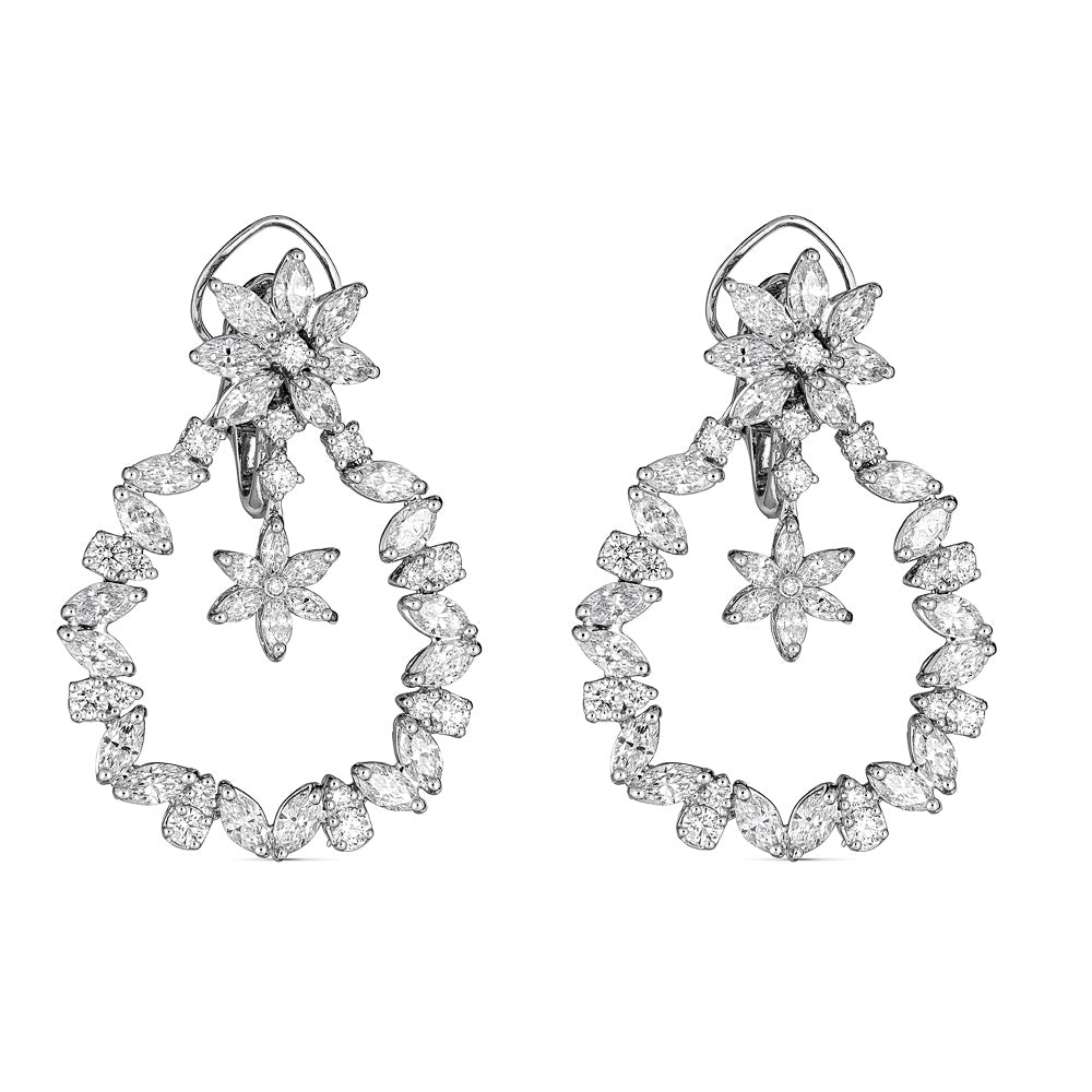 Zydo hoop dangle earrings with flower and round diamonds and marquise white gold 53693