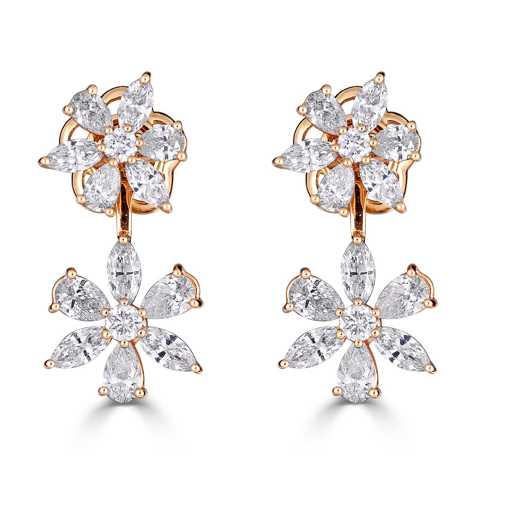 Zydo double flower up and down earrings with round and fancy cut diamonds rose gold 54175
