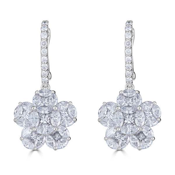 Zydo flower-shaped pendant earrings with round and fancy cut diamonds in white gold 56768
