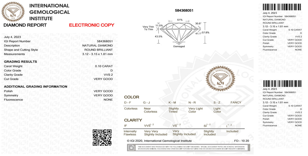 II Diamante इन ब्लिस्टर ब्लिस्टर शानदार कट 0.10ct रंग की शुद्धता VVS2