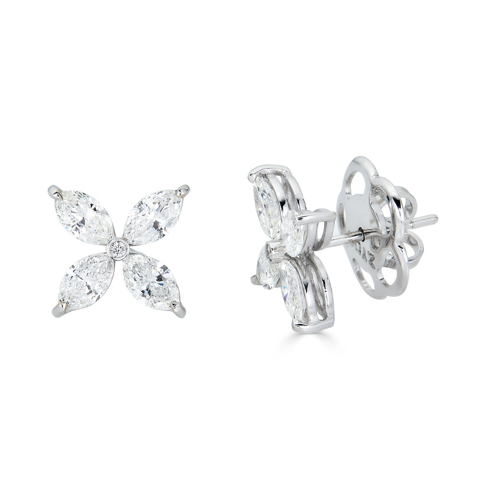 Zydo flower-shaped stud earrings with round diamonds and marquise cut white gold 59490