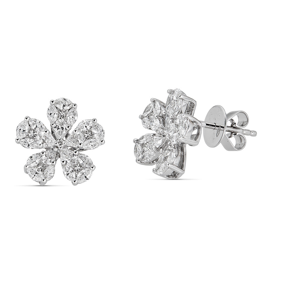 Zydo flower-shaped stud earrings with round and fancy cut diamonds set in white gold 61057