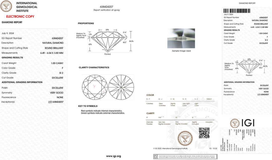 IGI 1,00ct Infheistíocht Deimhnithe Dath Diamond Dath F Purity Si2