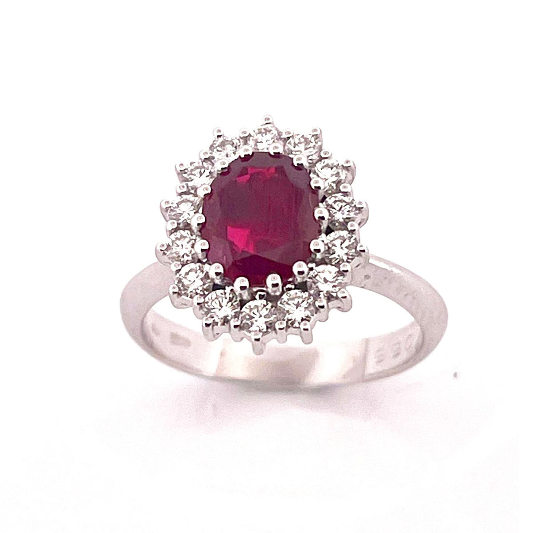 Fáinne Lenti Bláth Óir Bán 18kt Diamaint Ruby An Téalainn AFAA01850