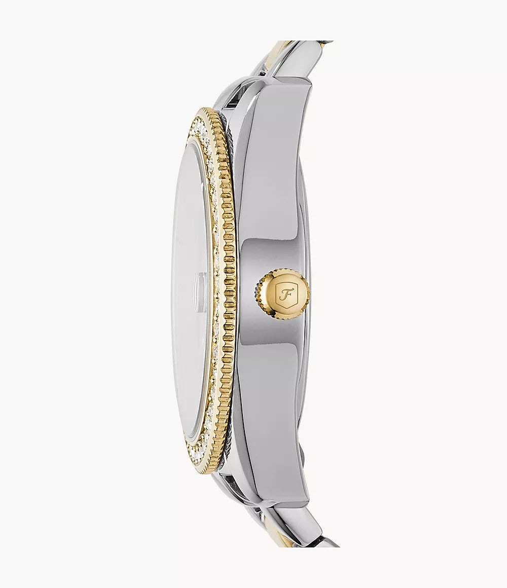 Fossil Scarlette watch 33mm silver quartz steel PVD yellow gold finish ES4319