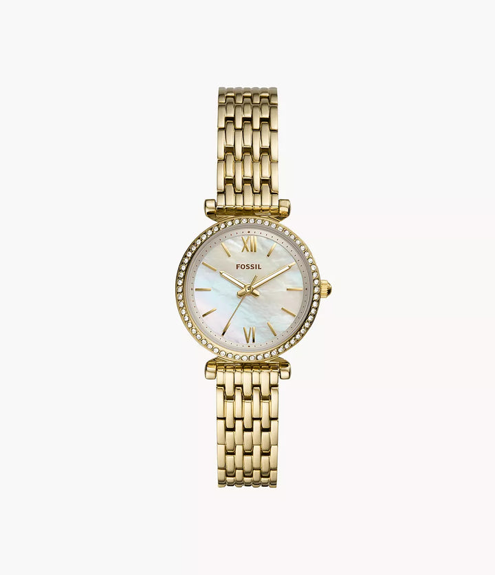 Fossil watch Carlie Mini Mini 28mm mother of pearl quartz steel PVD finish yellow gold ES4699