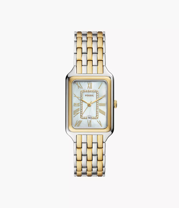 Fossil watch Raquel 26mm mother of pearl quartz steel PVD finish yellow gold ES5305