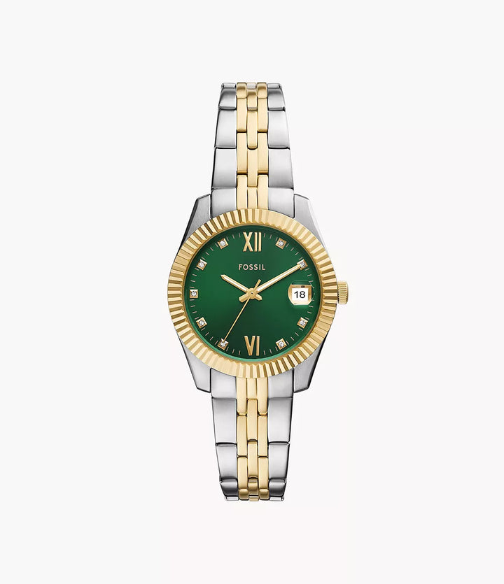 Fossil Scarlette watch 33mm green quartz steel PVD finish yellow gold ES5388