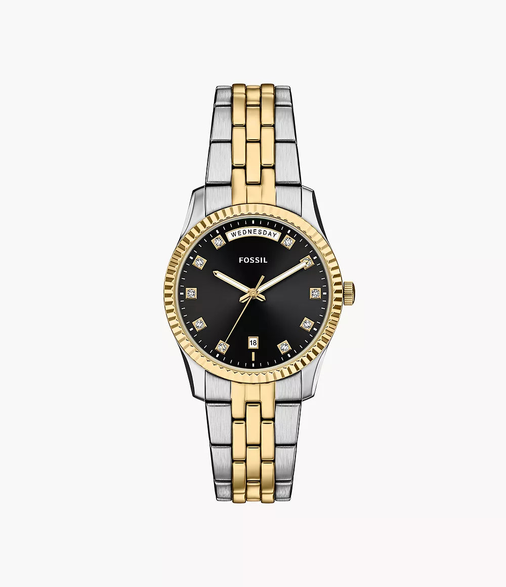 Fossil Scarlette watch 34mm black quartz steel PVD yellow gold finish ES5458