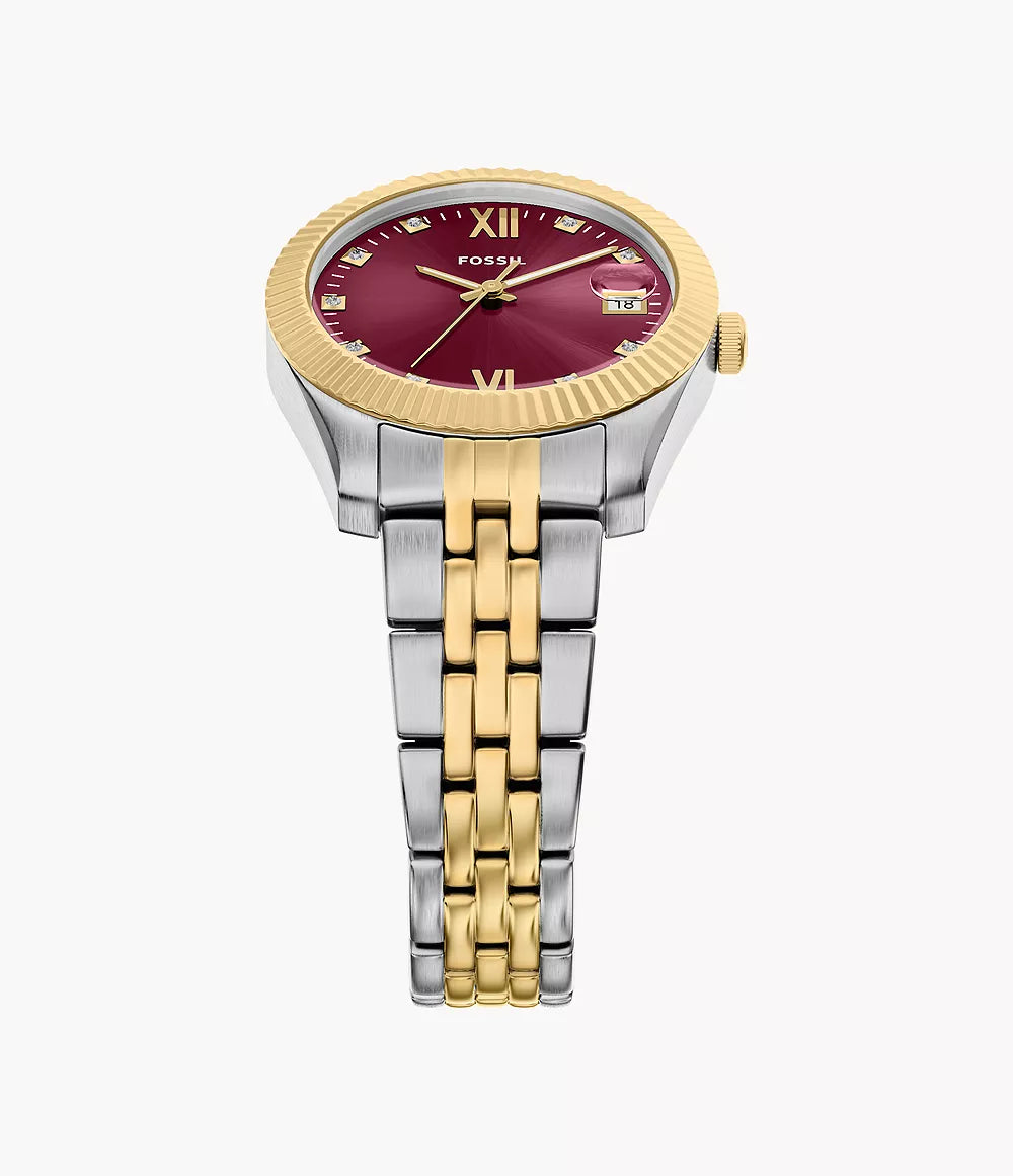Fossil watch Scarlette 33mm burgundy quartz steel PVD finish yellow gold ES5461