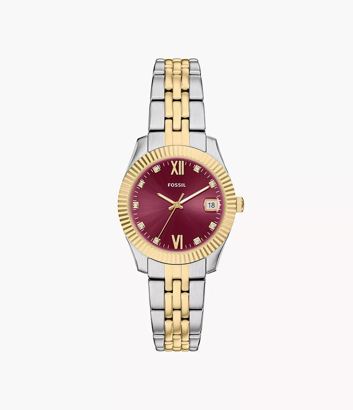 Fossil watch Scarlette 33mm burgundy quartz steel PVD finish yellow gold ES5461