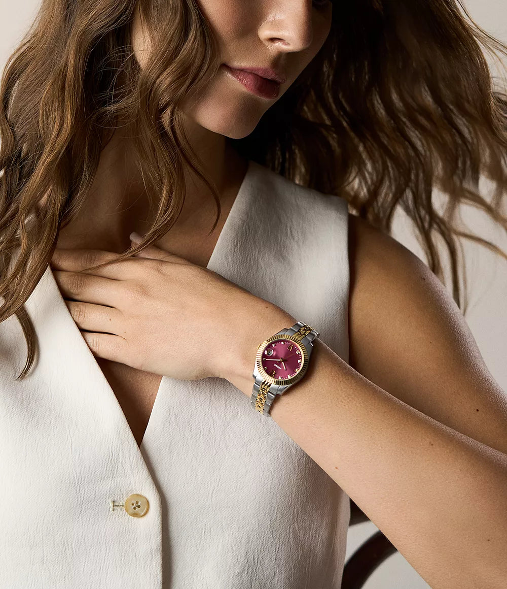 Fossil watch Scarlette 33mm burgundy quartz steel PVD finish yellow gold ES5461