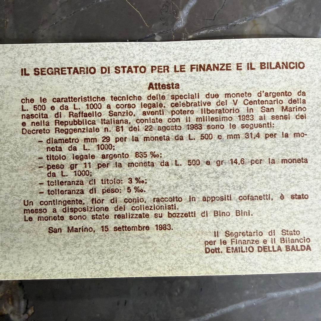 Silver coins 500 1000 Lire Republic of San Marino V Centenary of birth Raffaello Sanzio 1983