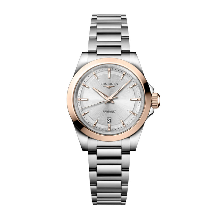 Longines Conquest watch 30mm automatic silver rose gold steel L3.320.5.72.6