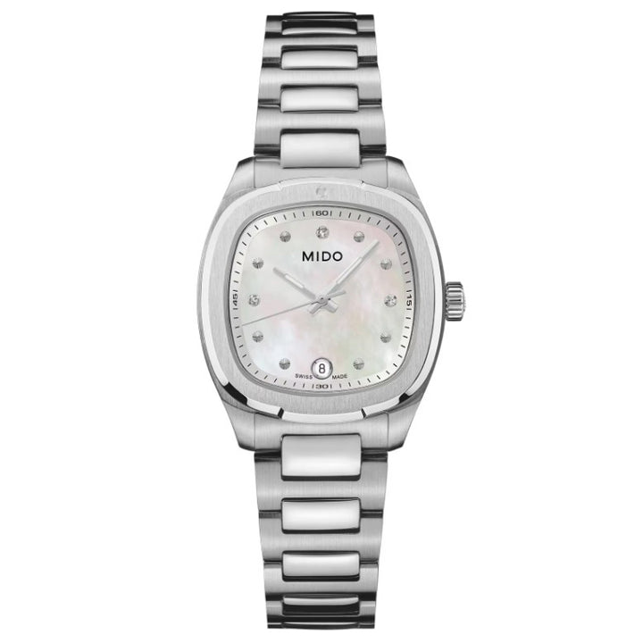 Mido watch Multifort TV 28mm mother of pearl diamonds quartz steel M049.110.11.116.00