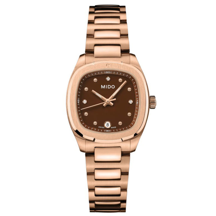 Mido Multifort TV 28mm brown quartz steel rose gold PVD finish M049.110.33.296.00