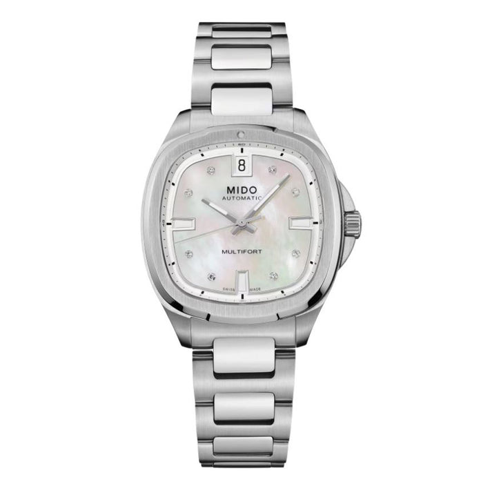 Mido watch Multifort TV 34x35mm mother of pearl diamonds automatic steel M049.307.11.106.00