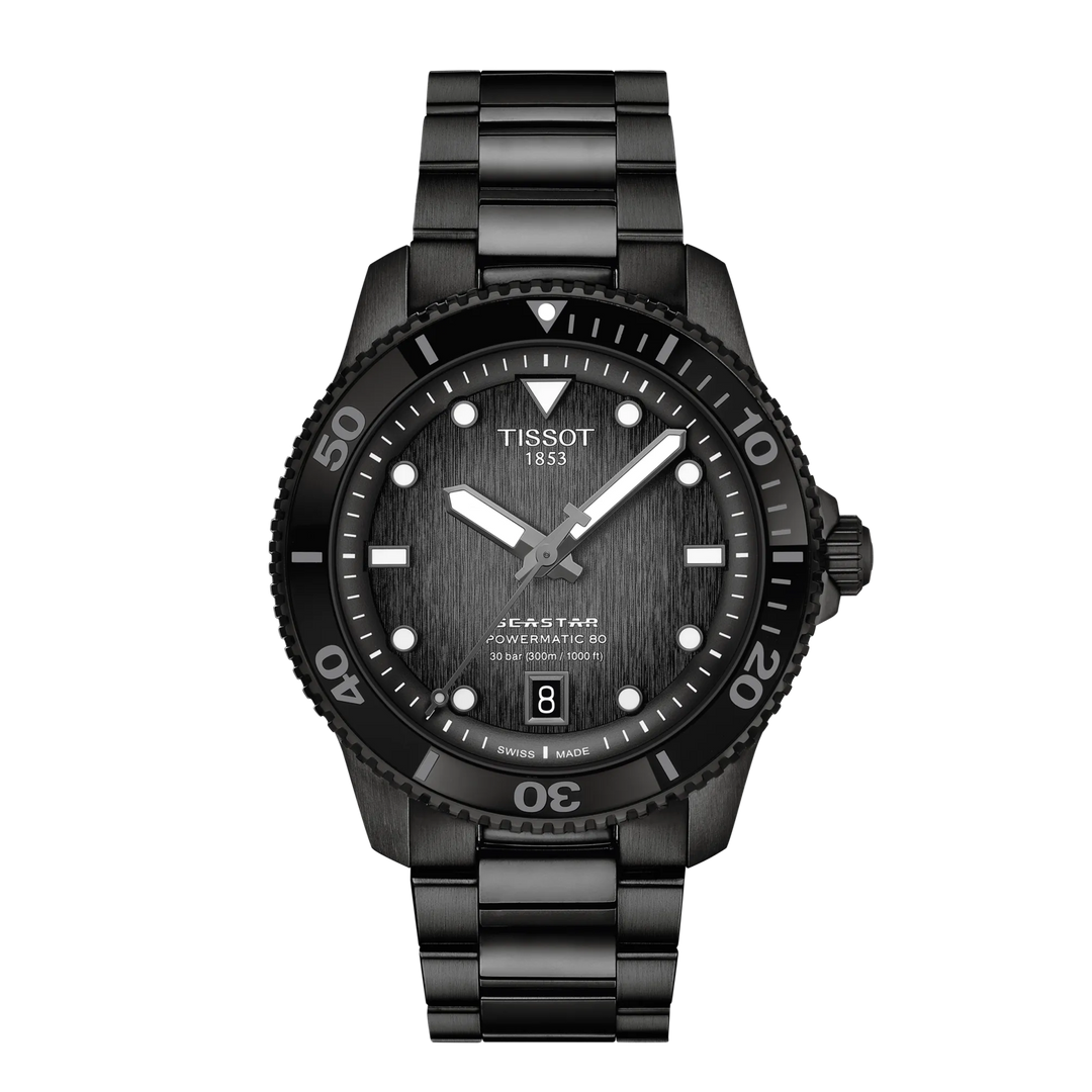 Tissot घड़ी Seastar 1000 Powermatic 80 40 मिमी काले स्वत: स्टील समाप्त पीवीडी काले T120.807.33.051.00