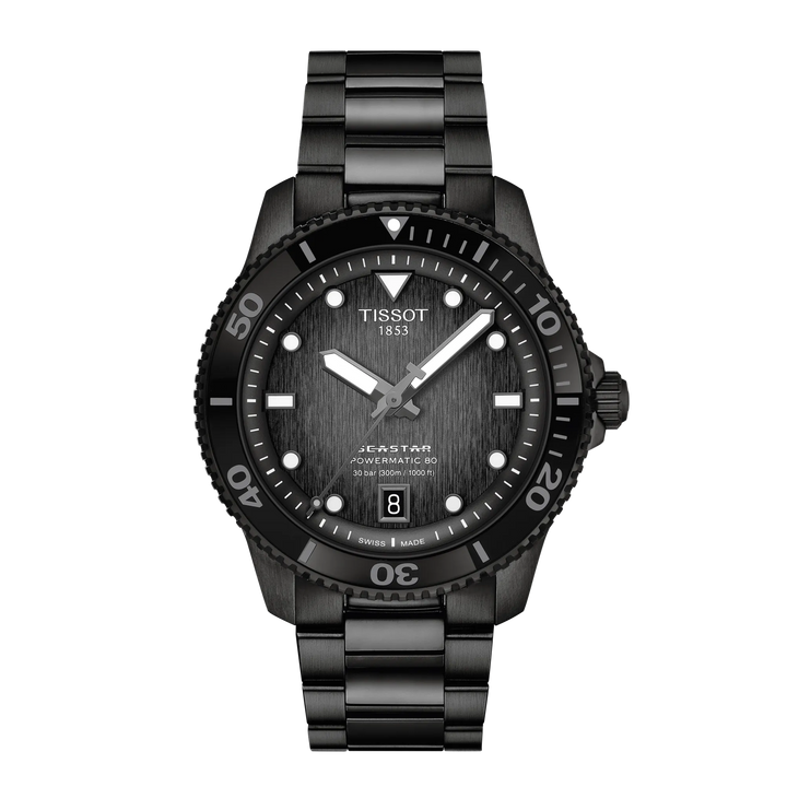 Tissot घड़ी Seastar 1000 Powermatic 80 40 मिमी काले स्वत: स्टील समाप्त पीवीडी काले T120.807.33.051.00