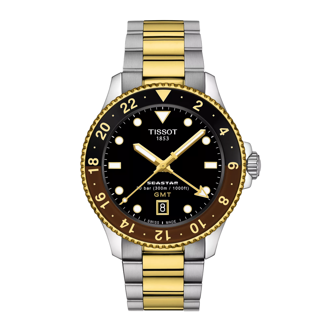 Tissot Seastar 1000 GMT वॉच 40 मिमी ब्लैक क्वार्ट्ज स्टील फिनिश PVD गोल्ड गोल्ड T120.852.22.051.00