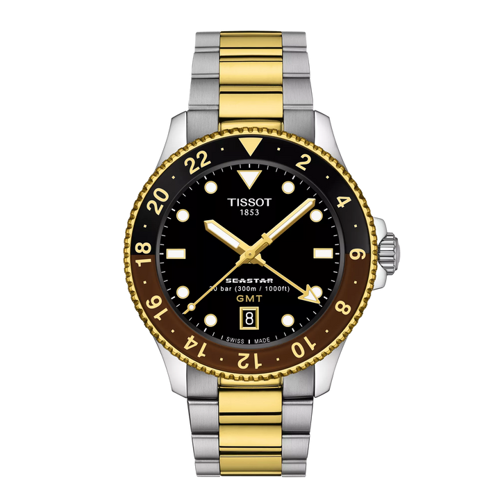 Tissot Seastar 1000 GMT वॉच 40 मिमी ब्लैक क्वार्ट्ज स्टील फिनिश PVD गोल्ड गोल्ड T120.852.22.051.00