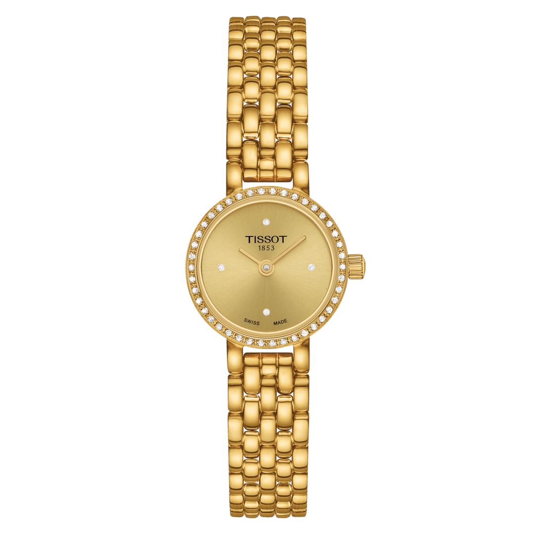 Tissot Watch Babhta álainn 19.5mm Champagne Diamond Grianchloch Críochnú Cruach PVD Óir T140,009.63.026.00