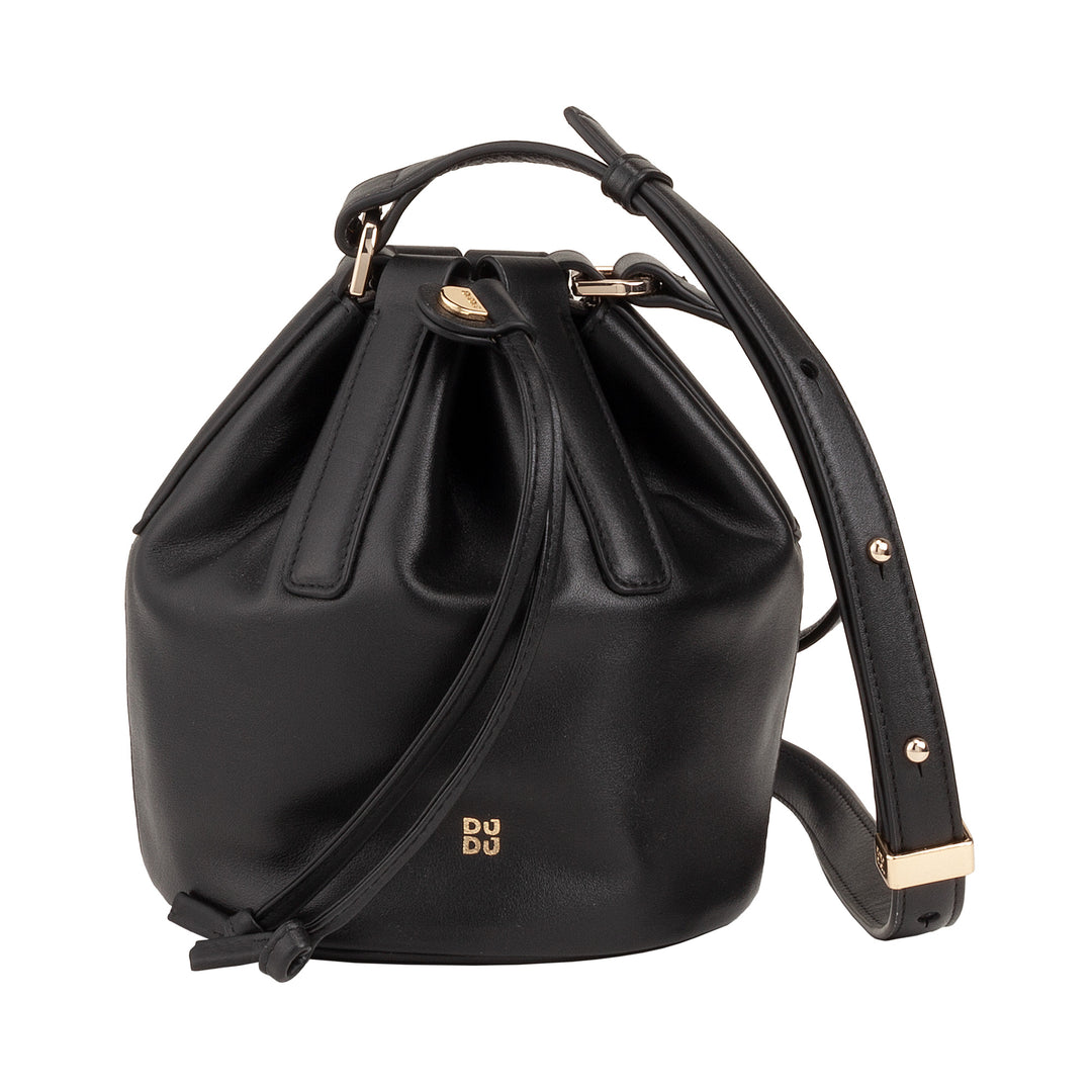 DUDU small women's bucket in real leather with adjustable shoulder strap and coulisse closure - elegant and compact shoulder bag with cord, perfect for daily use