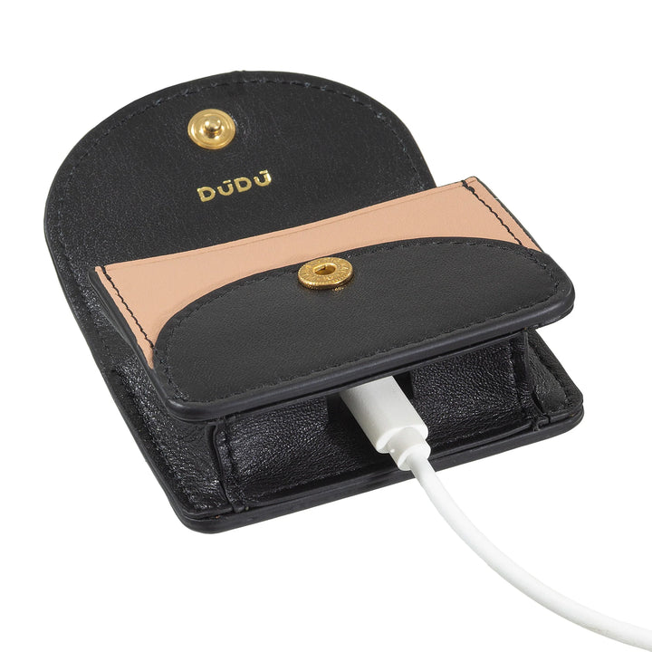 DUDU Air Pod Earphone Case in Genuine Leather with Key Ring - Mini Cover with Carabiner, Elegant and Compact