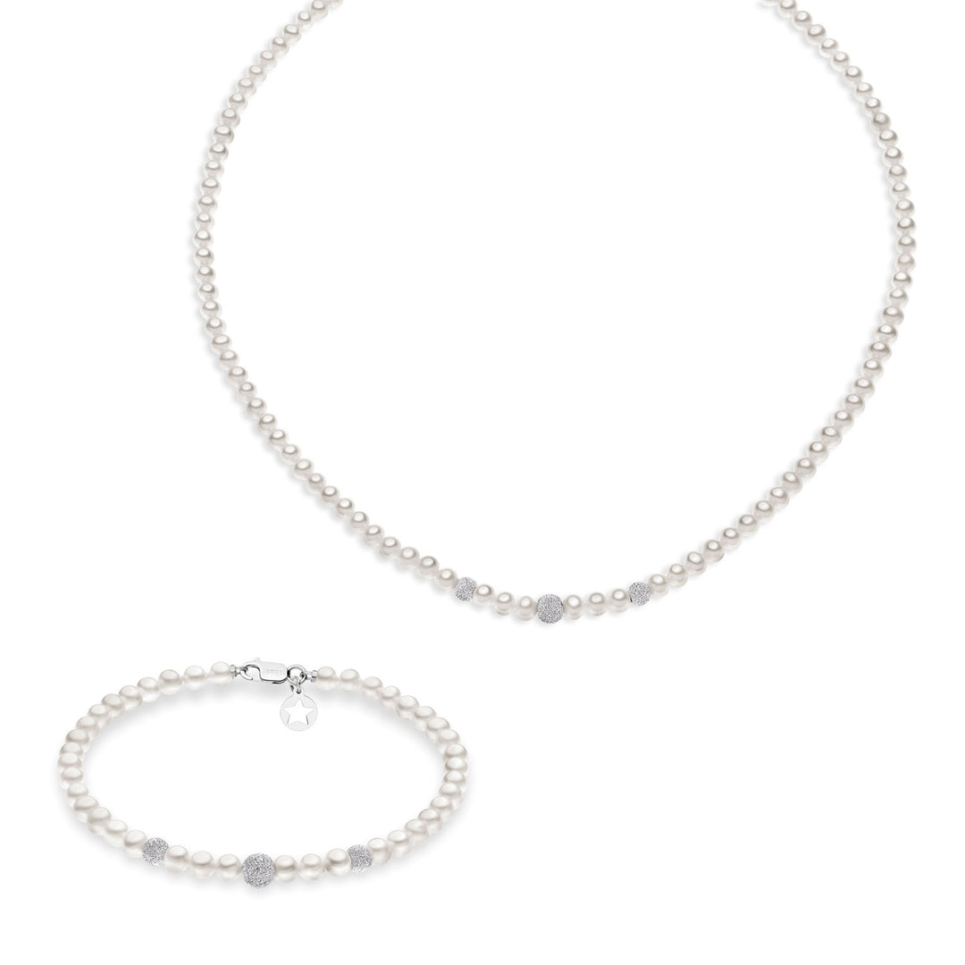 Comete Necklace and Bracelet with Freshwater Pearls in Gold and Diamond Spheres KIT193193