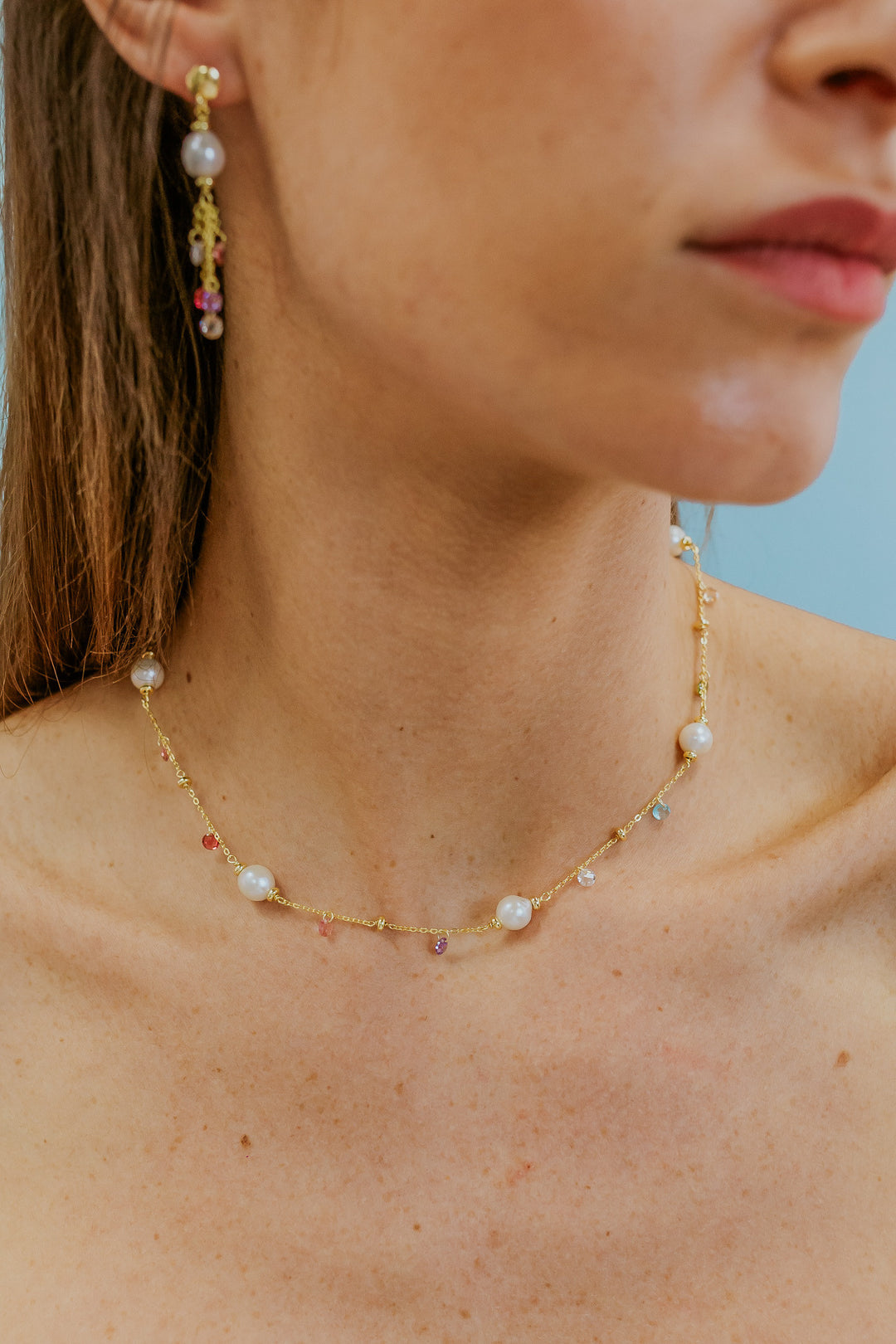 Comete 925‰ Silver Necklace with multicolor crystals and Acquadolce Pearls GLA276