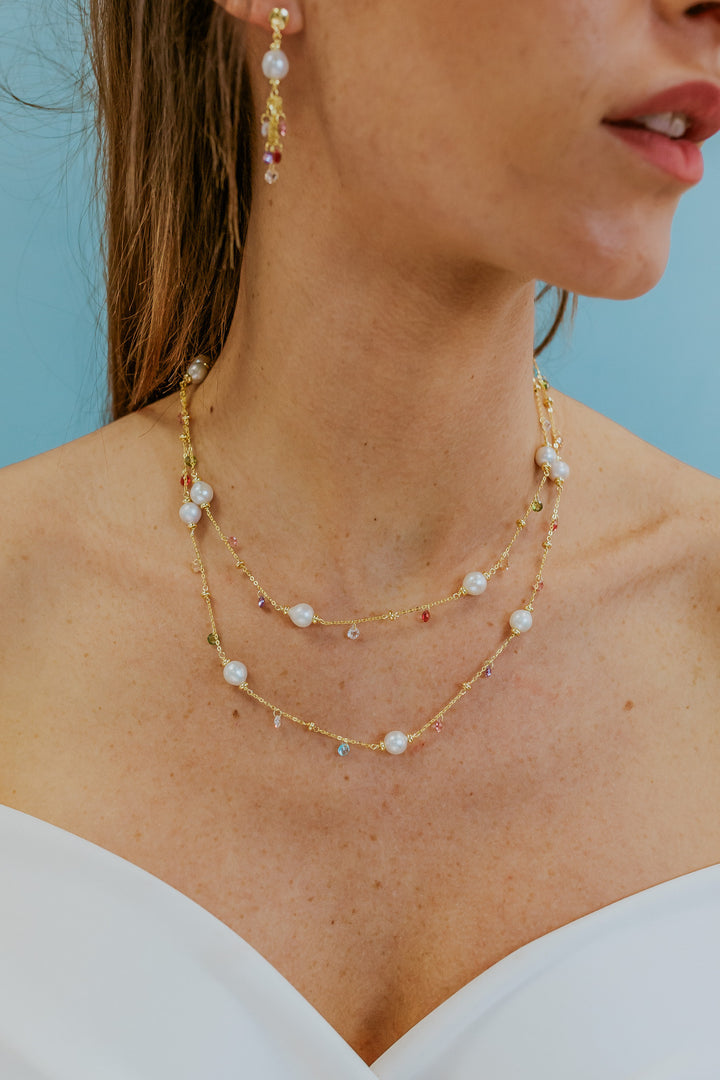 Comete 925‰ Silver Necklace with multicolor crystals and Acquadolce Pearls GLA275