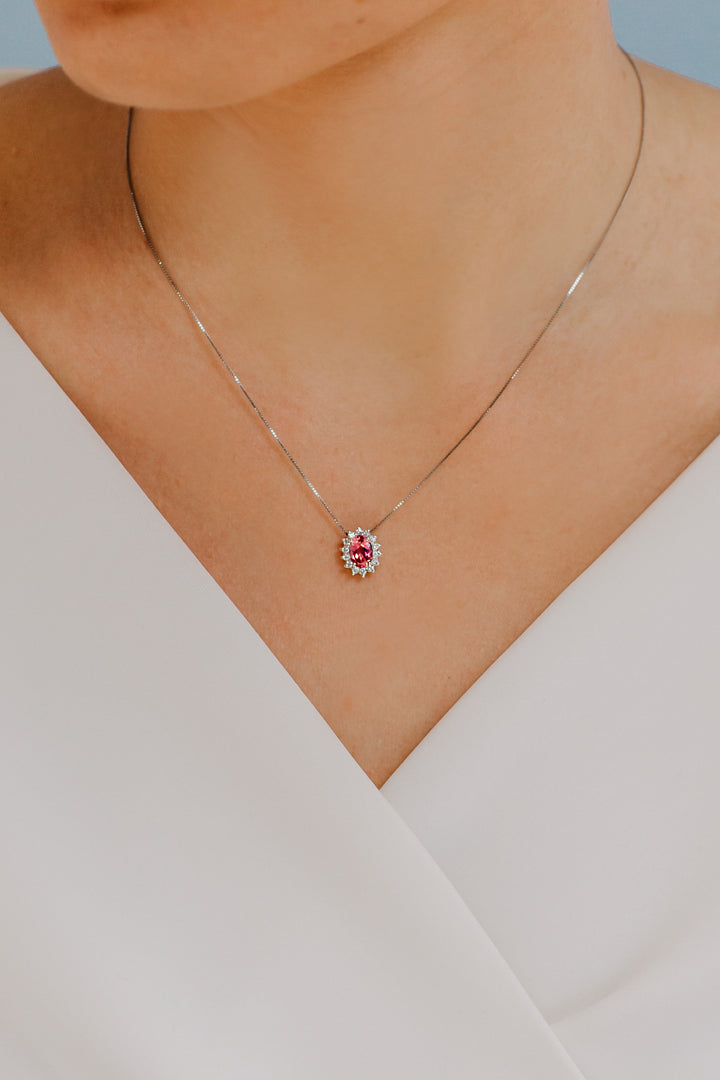 Comete Necklace in Gold, Diamonds and Oval Pink Topaz GLB1579