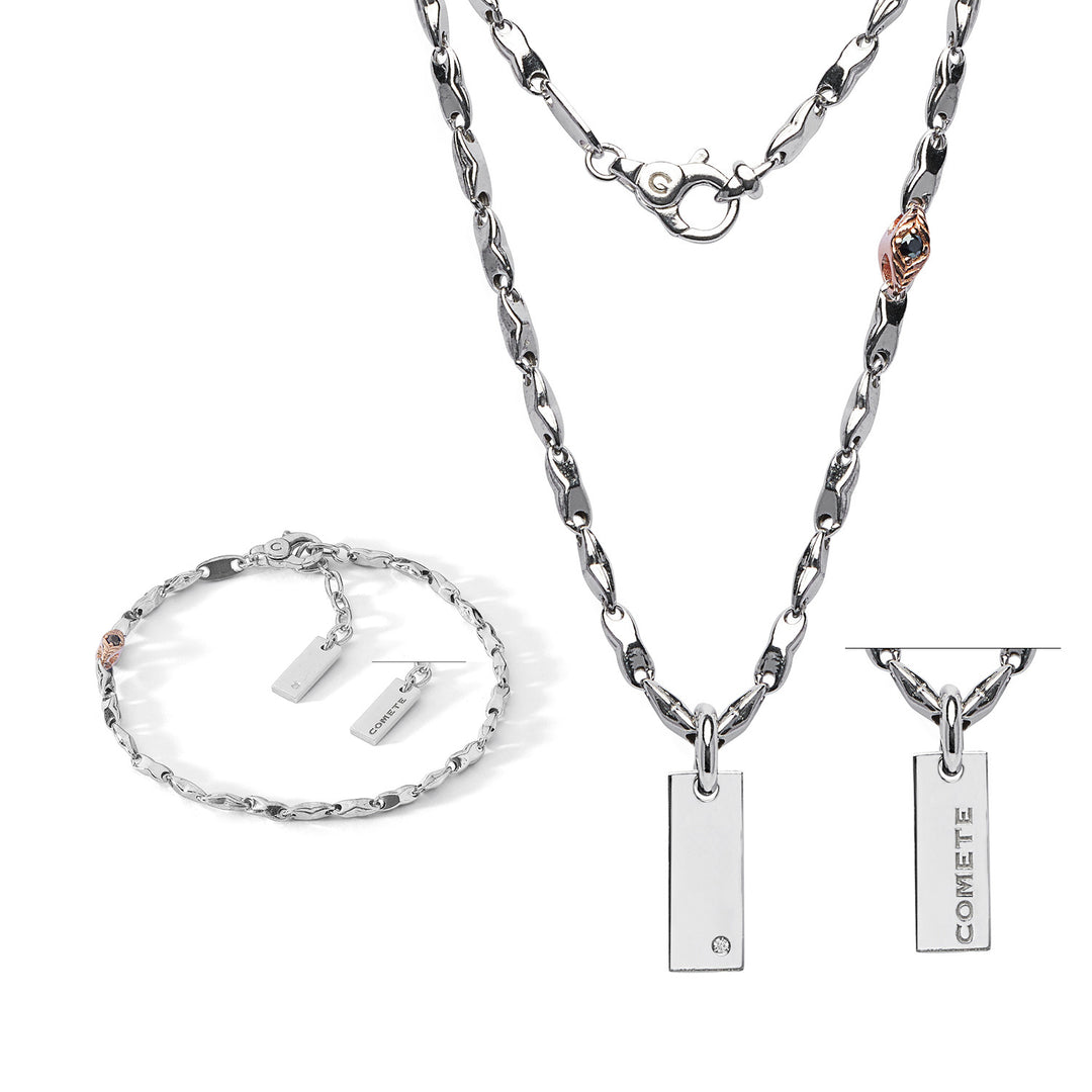 Comete Bracelet and Necklace in shiny and rosé Silver, Diamond and black Spinels KIT7501258