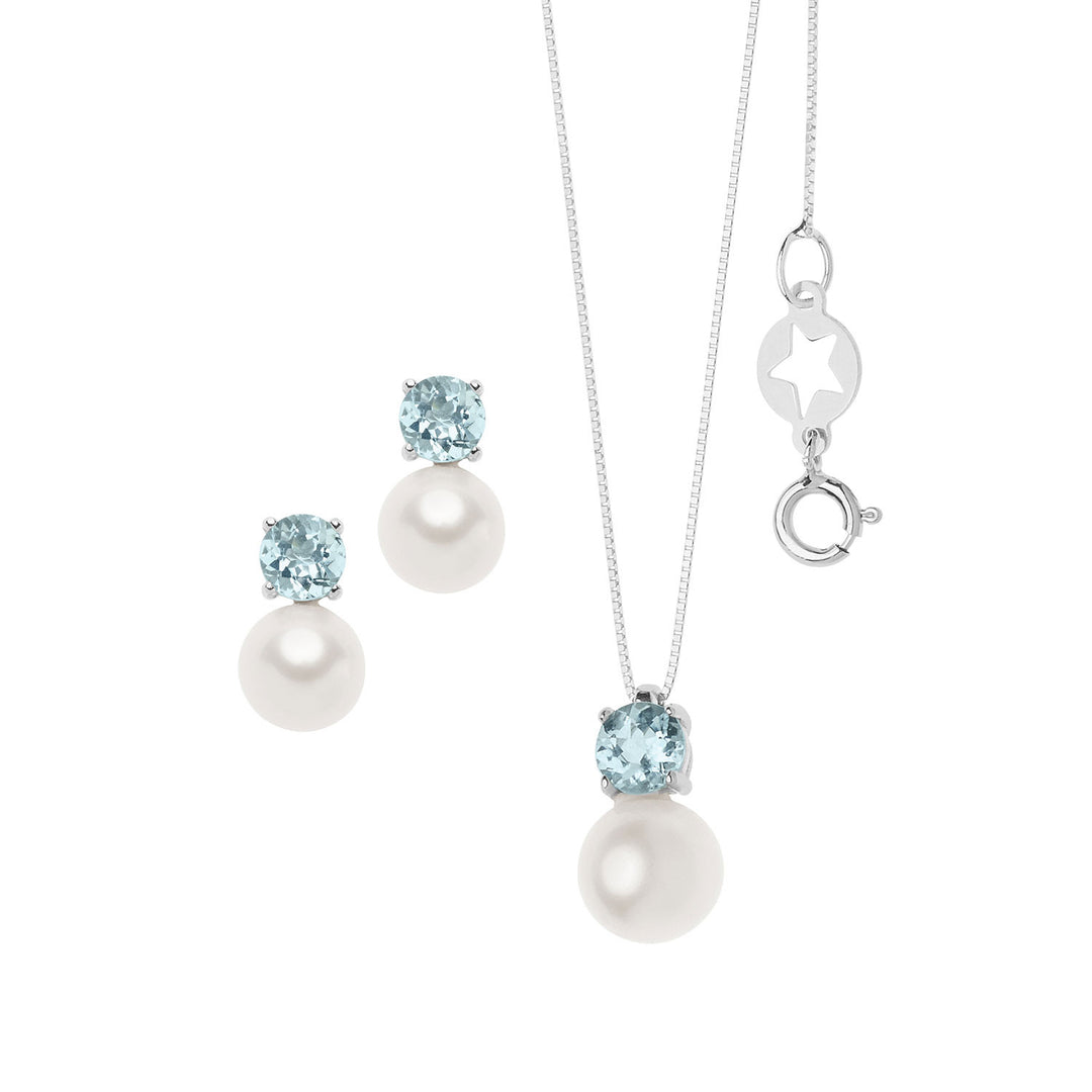 Comete Necklace and Earrings in Round Aquamarine Gold and Pearls KIT616748