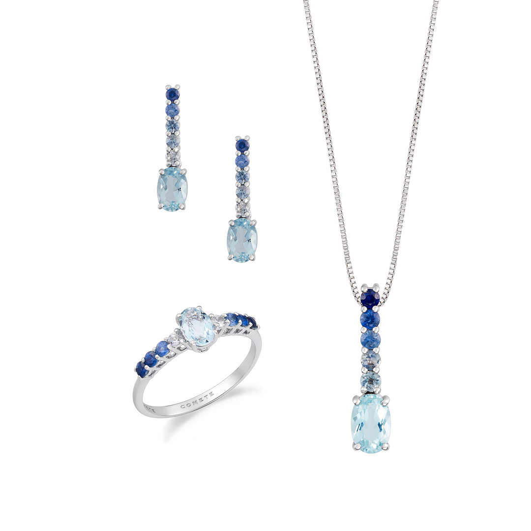 Comete Necklace, ring and earrings in 750‰ gold. Gradé sapphires and oval aquamarine KIT310345267