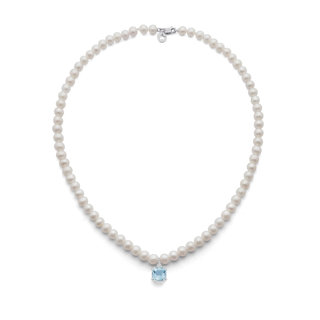 Comete Necklace Pearls in Gold and Antique Cut Diamond and Aquamarine FWQ377