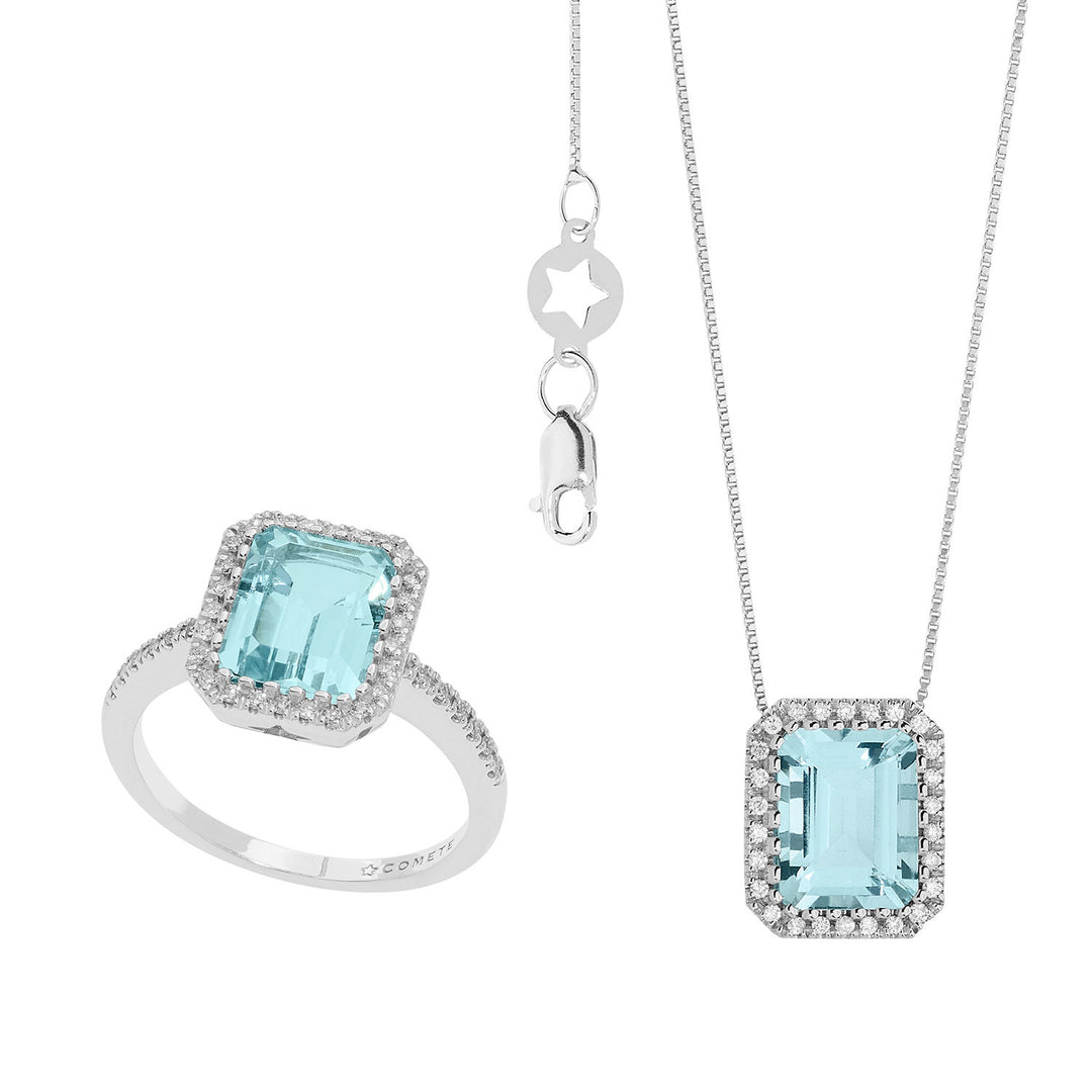Comete Necklace and Ring in Gold Diamonds and Octagonal Aquamarine KIT303339
