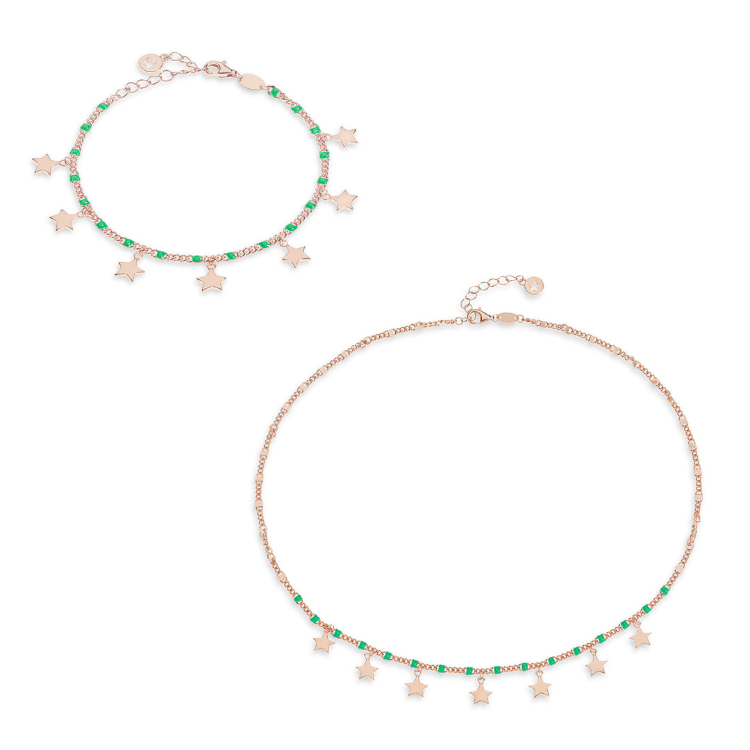 Comete Necklace and Bracelet in Silver Green Enamel Star, Talisman KIT253248