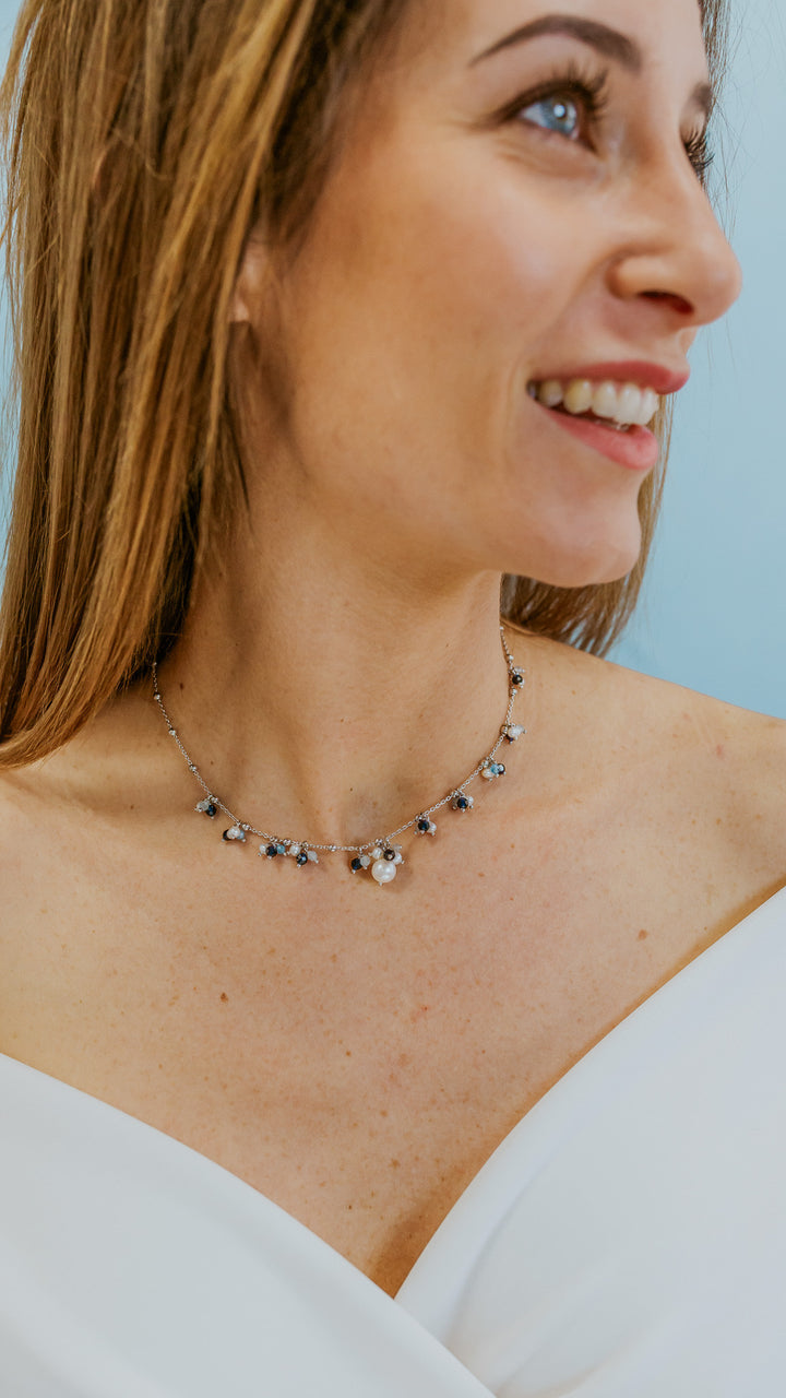 Comete Necklace in 925‰ Silver with Aquamarine, blue stones and freshwater pearls GLA271