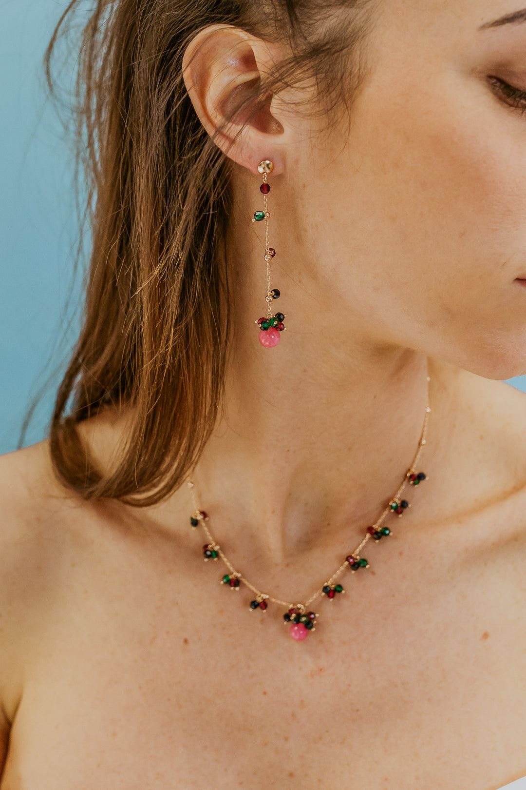 Comete Earrings in 925‰ Silver with Jade and blue, red and green stones ORA222