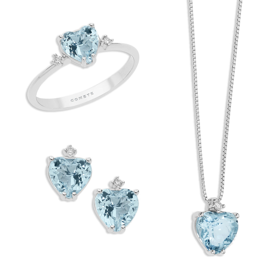 Comete Necklace, Ring and Earrings in Gold Diamond and Aquamarine Heart KIT272300235